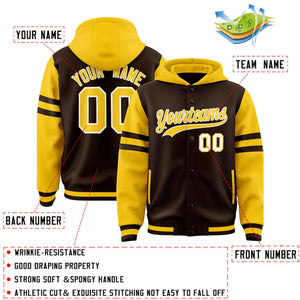 Custom Brown Gold Raglan Sleeves Varsity Full-Snap Letterman Three Stripes Hoodie Jacket