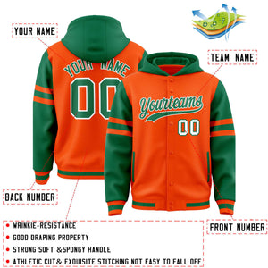 Custom Orange Kelly Green Raglan Sleeves Varsity Full-Snap Letterman Three Stripes Hoodie Jacket