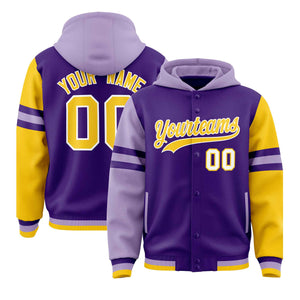 Custom Purple Light Purple-Gold Raglan Sleeves Varsity Full-Snap Letterman Three Stripes Hoodie Jacket