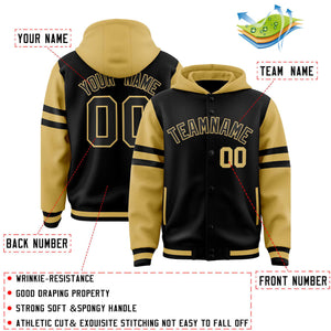 Custom Black Old Gold Raglan Sleeves Varsity Full-Snap Letterman Three Stripes Hoodie Jacket