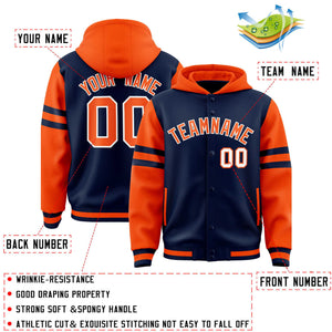 Custom Navy Orange Raglan Sleeves Varsity Full-Snap Letterman Three Stripes Hoodie Jacket