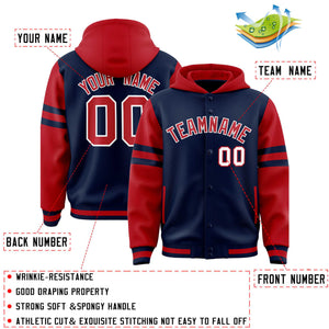 Custom Navy Red Raglan Sleeves Varsity Full-Snap Letterman Three Stripes Hoodie Jacket