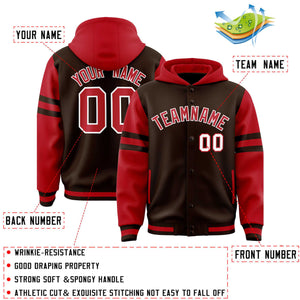 Custom Brown Red Raglan Sleeves Varsity Full-Snap Letterman Three Stripes Hoodie Jacket