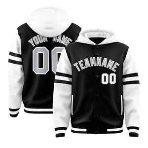 Custom Black White Raglan Sleeves Varsity Full-Snap Letterman Three Stripes Hoodie Jacket