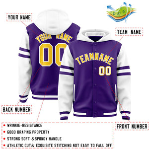 Custom Purple White Raglan Sleeves Varsity Full-Snap Letterman Three Stripes Hoodie Jacket