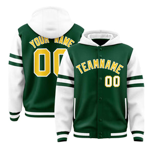 Custom Green White Raglan Sleeves Varsity Full-Snap Letterman Three Stripes Hoodie Jacket