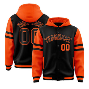 Custom Black Orange Raglan Sleeves Varsity Full-Snap Letterman Three Stripes Hoodie Jacket