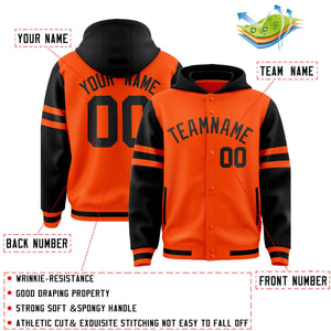 Custom Orange Black Raglan Sleeves Varsity Full-Snap Letterman Three Stripes Hoodie Jacket