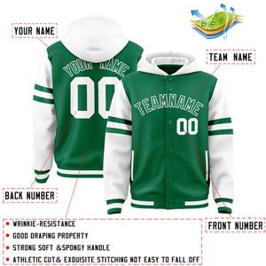 Custom Kelly Green White Raglan Sleeves Varsity Full-Snap Letterman Three Stripes Hoodie Jacket