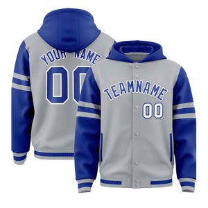 Custom Silver Royal Raglan Sleeves Varsity Full-Snap Letterman Three Stripes Hoodie Jacket