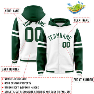 Custom White Green Raglan Sleeves Varsity Full-Snap Letterman Three Stripes Hoodie Jacket