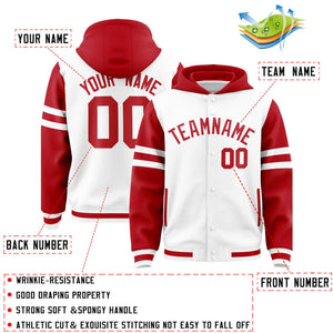 Custom White Red Raglan Sleeves Varsity Full-Snap Letterman Three Stripes Hoodie Jacket