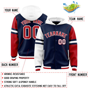 Custom Navy White-Red Raglan Sleeves Varsity Full-Snap Letterman Three Stripes Hoodie Jacket