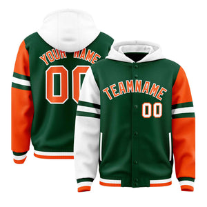 Custom Green White-Orange Raglan Sleeves Varsity Full-Snap Letterman Three Stripes Hoodie Jacket