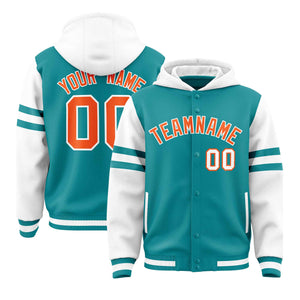 Custom Aqua White Raglan Sleeves Varsity Full-Snap Letterman Three Stripes Hoodie Jacket