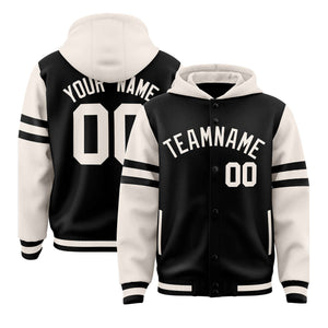 Custom Black Cream Raglan Sleeves Varsity Full-Snap Letterman Three Stripes Hoodie Jacket