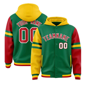 Custom Kelly Green Gold-Red Raglan Sleeves Varsity Full-Snap Letterman Three Stripes Hoodie Jacket