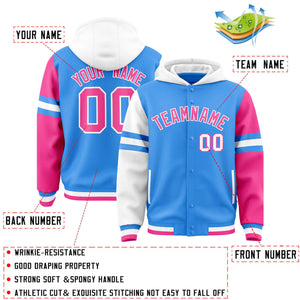 Custom Powder Blue White-Pink Raglan Sleeves Varsity Full-Snap Letterman Three Stripes Hoodie Jacket