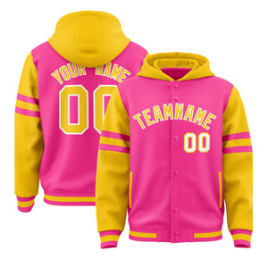 Custom Pink Gold Raglan Sleeves Varsity Full-Snap Letterman Three Stripes Hoodie Jacket