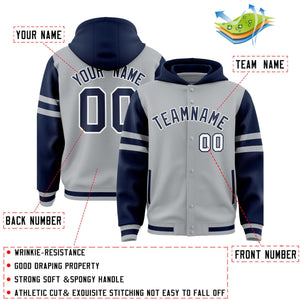 Custom Silver Navy Raglan Sleeves Varsity Full-Snap Letterman Three Stripes Hoodie Jacket