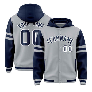 Custom Silver Navy Raglan Sleeves Varsity Full-Snap Letterman Three Stripes Hoodie Jacket