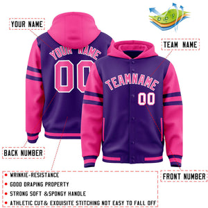 Custom Purple Pink Raglan Sleeves Varsity Full-Snap Letterman Three Stripes Hoodie Jacket