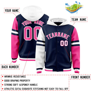 Custom Navy White-Pink Raglan Sleeves Varsity Full-Snap Letterman Three Stripes Hoodie Jacket