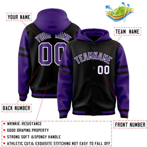 Custom Black Purple Raglan Sleeves Varsity Full-Snap Letterman Three Stripes Hoodie Jacket