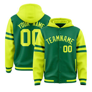 Custom Kelly Green Fluorescent Green Raglan Sleeves Varsity Full-Snap Letterman Three Stripes Hoodie Jacket