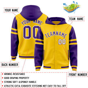 Custom Gold Purple Raglan Sleeves Varsity Full-Snap Letterman Three Stripes Hoodie Jacket