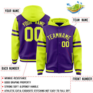 Custom Purple Fluorescent Green Raglan Sleeves Varsity Full-Snap Letterman Three Stripes Hoodie Jacket