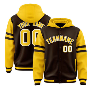 Custom Brown Gold Raglan Sleeves Varsity Full-Snap Letterman Three Stripes Hoodie Jacket