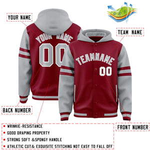 Custom Crimson Silver Raglan Sleeves Varsity Full-Snap Letterman Three Stripes Hoodie Jacket