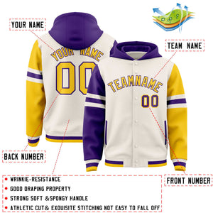 Custom Cream Purple-Gold Raglan Sleeves Varsity Full-Snap Letterman Three Stripes Hoodie Jacket