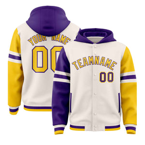 Custom Cream Purple-Gold Raglan Sleeves Varsity Full-Snap Letterman Three Stripes Hoodie Jacket