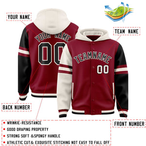 Custom Crimson Cream-Black Raglan Sleeves Varsity Full-Snap Letterman Three Stripes Hoodie Jacket