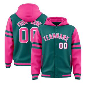 Custom Aqua Pink Raglan Sleeves Varsity Full-Snap Letterman Three Stripes Hoodie Jacket