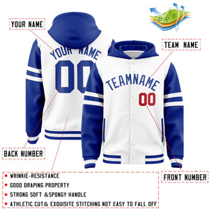 Custom White Royal Raglan Sleeves Varsity Full-Snap Letterman Three Stripes Hoodie Jacket