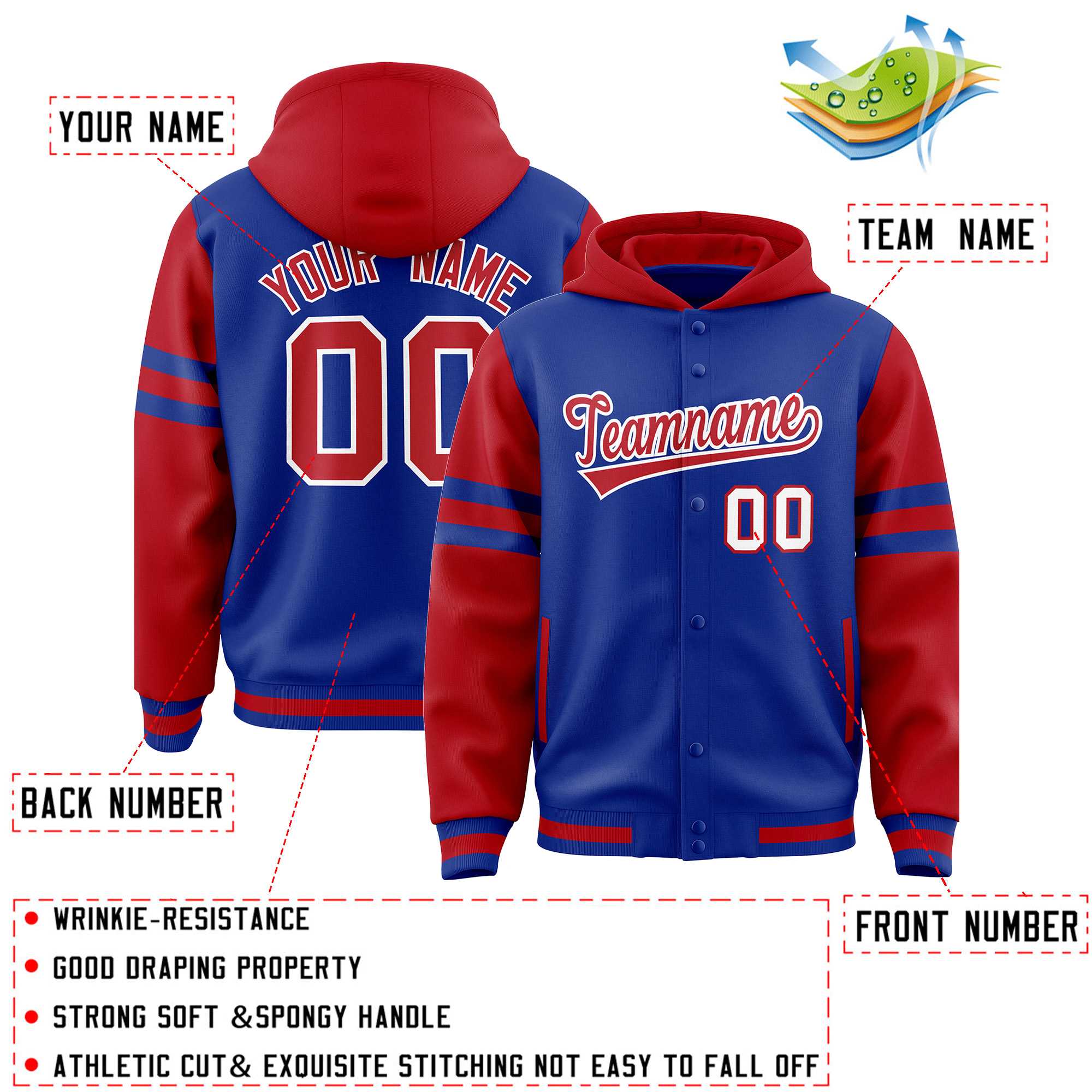 Custom Royal Red Raglan Sleeves Varsity Full-Snap Letterman Three Stripes Hoodie Jacket