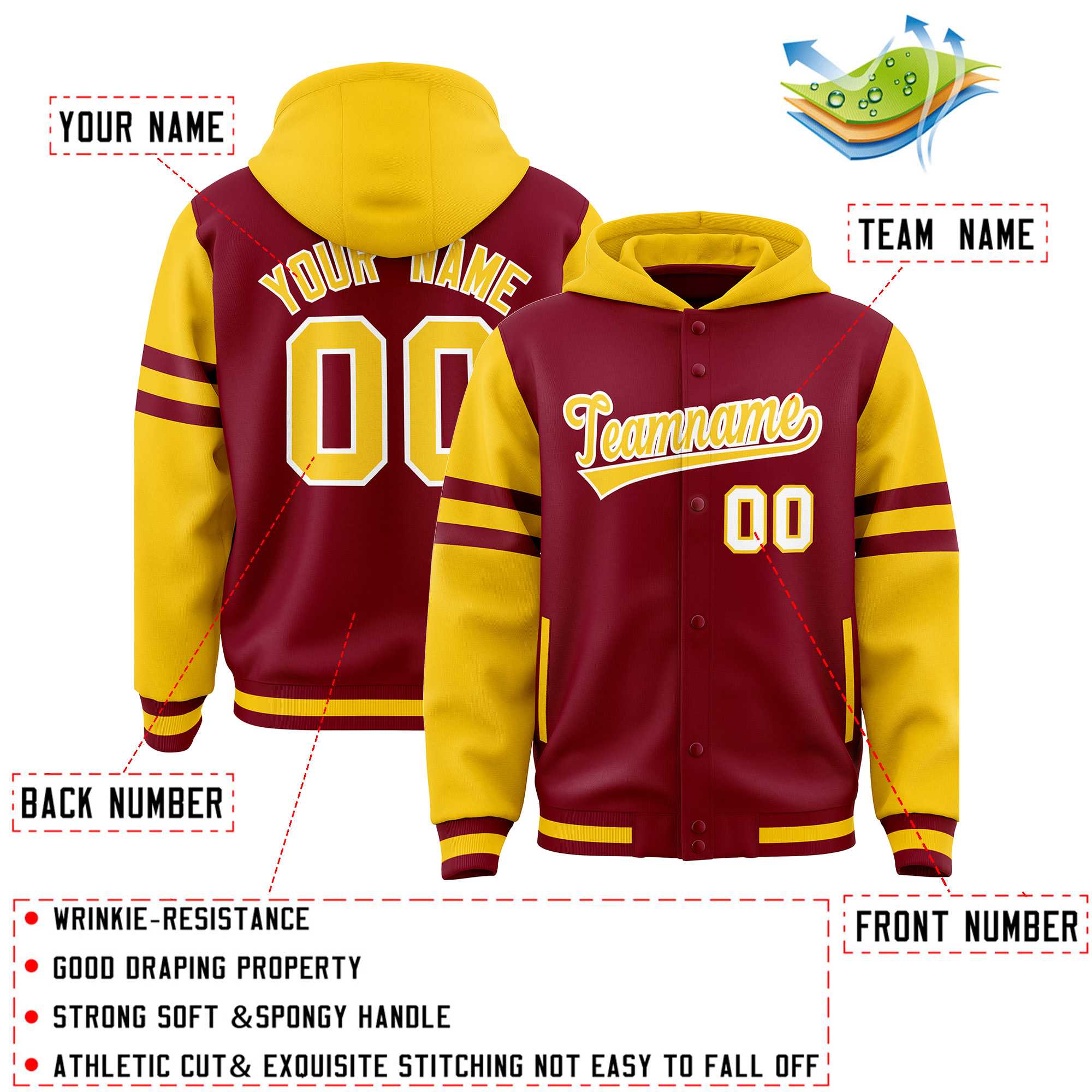 Custom Crimson Gold Raglan Sleeves Varsity Full-Snap Letterman Three Stripes Hoodie Jacket