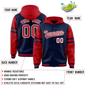 Custom Navy Red Raglan Sleeves Varsity Full-Snap Letterman Three Stripes Hoodie Jacket