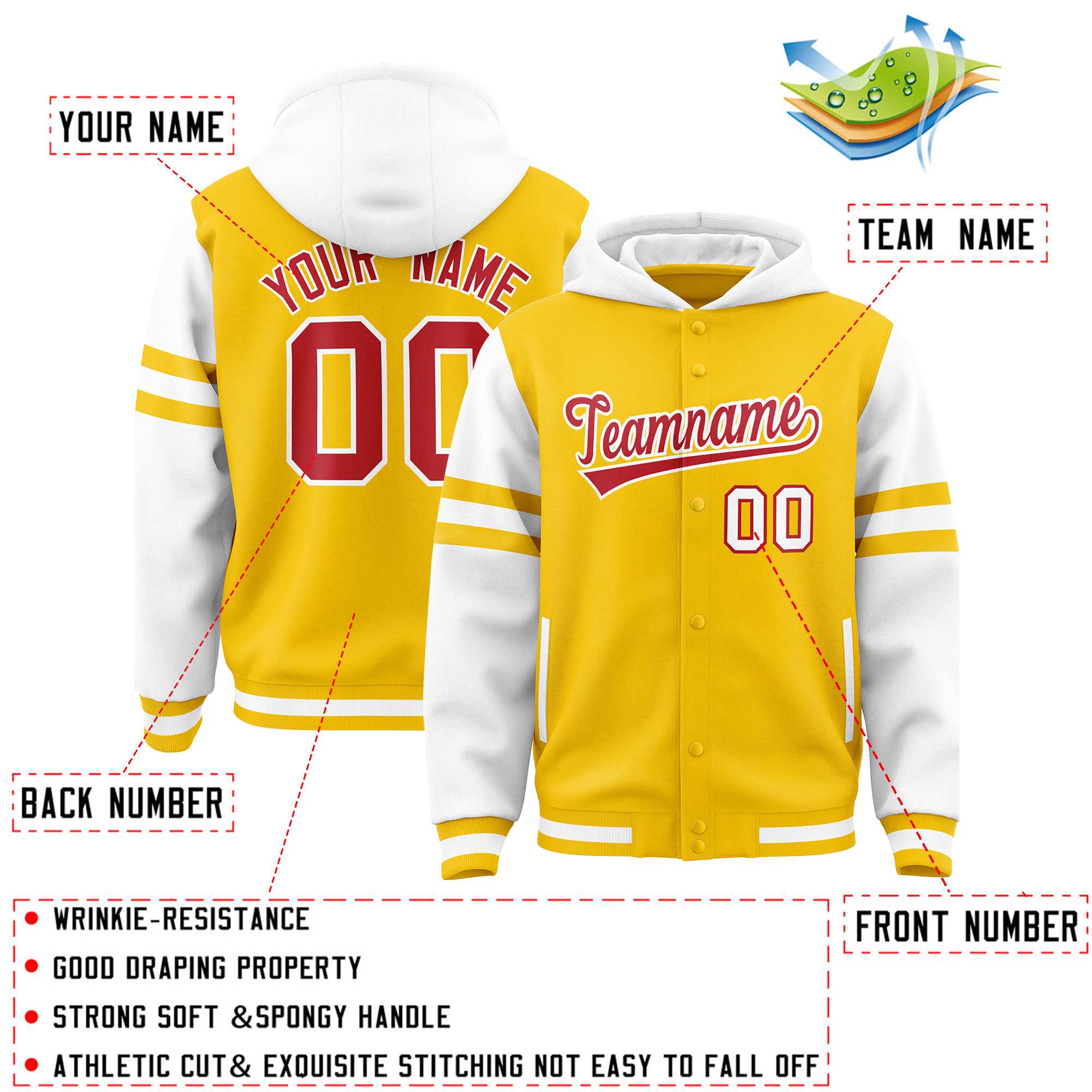 Custom Gold White Raglan Sleeves Varsity Full-Snap Letterman Three Stripes Hoodie Jacket