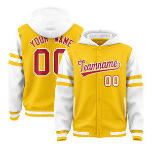 Custom Gold White Raglan Sleeves Varsity Full-Snap Letterman Three Stripes Hoodie Jacket