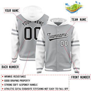 Custom Silver White Raglan Sleeves Varsity Full-Snap Letterman Three Stripes Hoodie Jacket