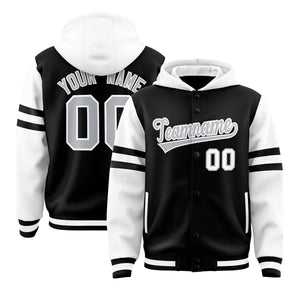 Custom Black White Raglan Sleeves Varsity Full-Snap Letterman Three Stripes Hoodie Jacket