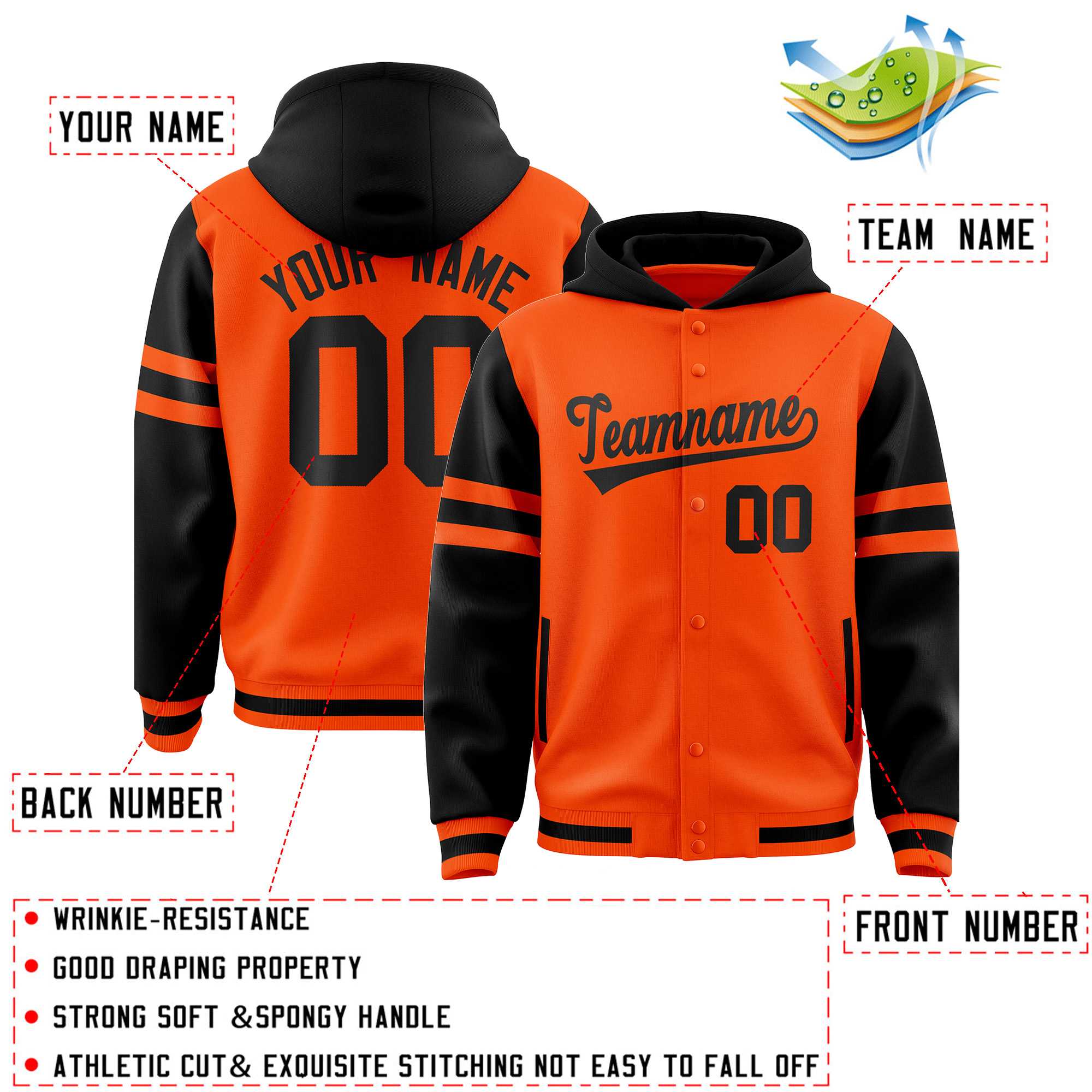 Custom Orange Black Raglan Sleeves Varsity Full-Snap Letterman Three Stripes Hoodie Jacket