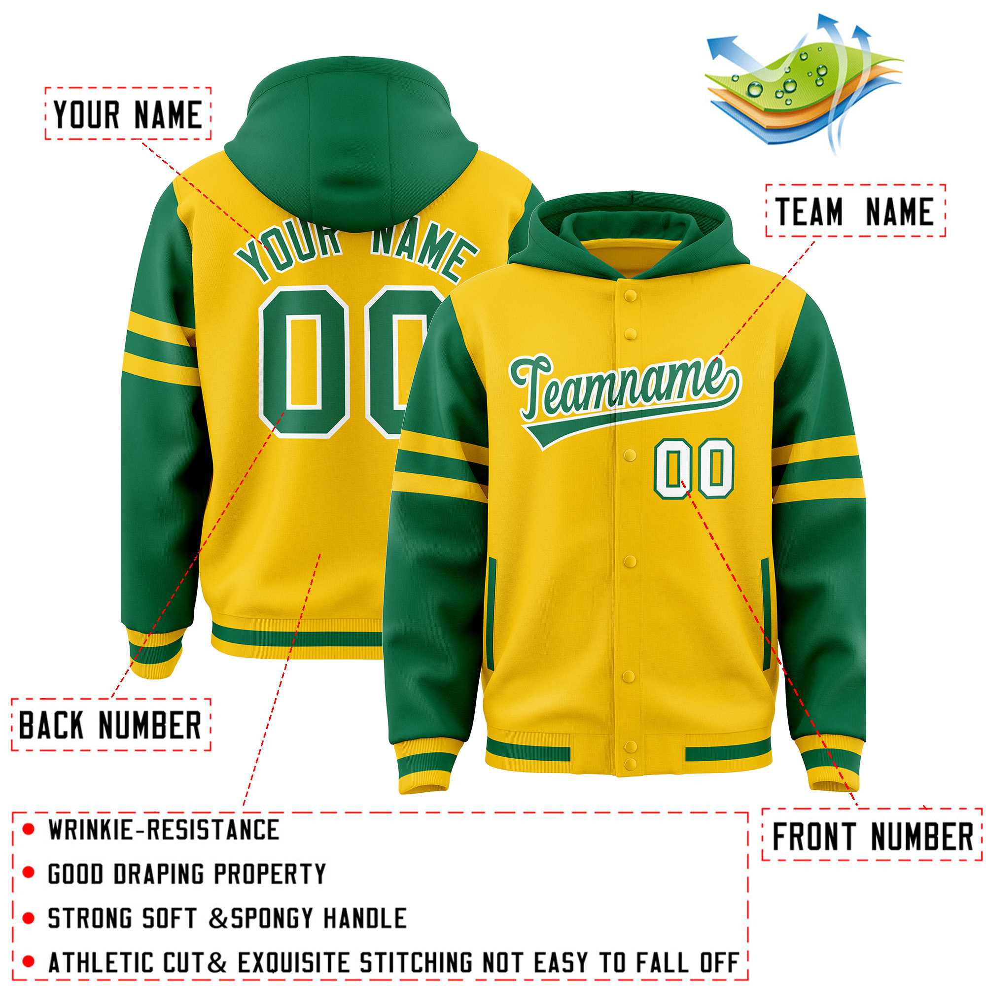 Custom Gold Kelly Green Raglan Sleeves Varsity Full-Snap Letterman Three Stripes Hoodie Jacket