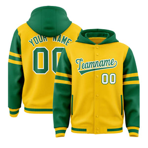 Custom Gold Kelly Green Raglan Sleeves Varsity Full-Snap Letterman Three Stripes Hoodie Jacket