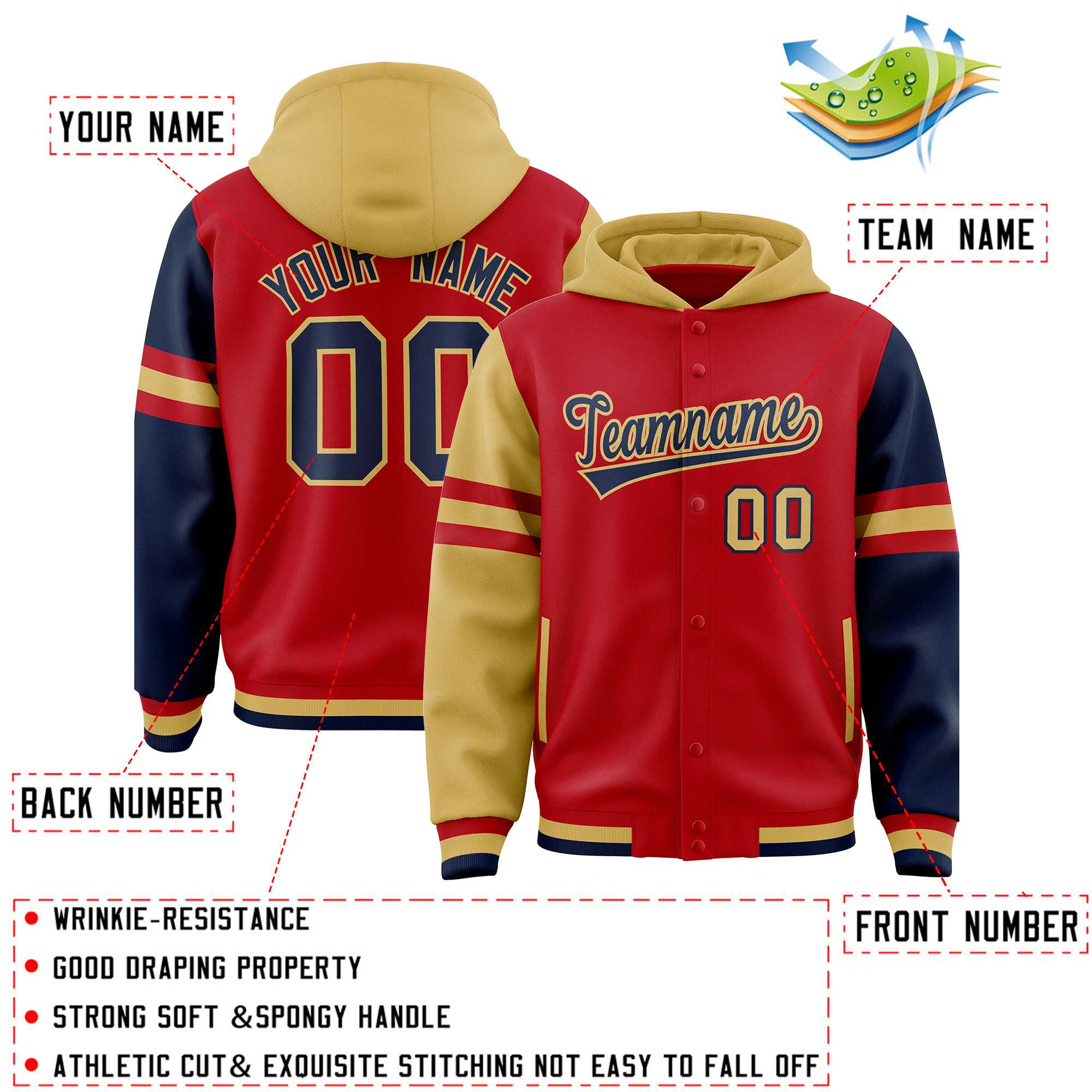 Custom Red Old Gold-Navy Raglan Sleeves Varsity Full-Snap Letterman Three Stripes Hoodie Jacket