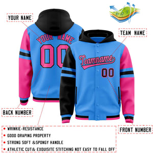 Custom Powder Blue Black-Pink Raglan Sleeves Varsity Full-Snap Letterman Three Stripes Hoodie Jacket